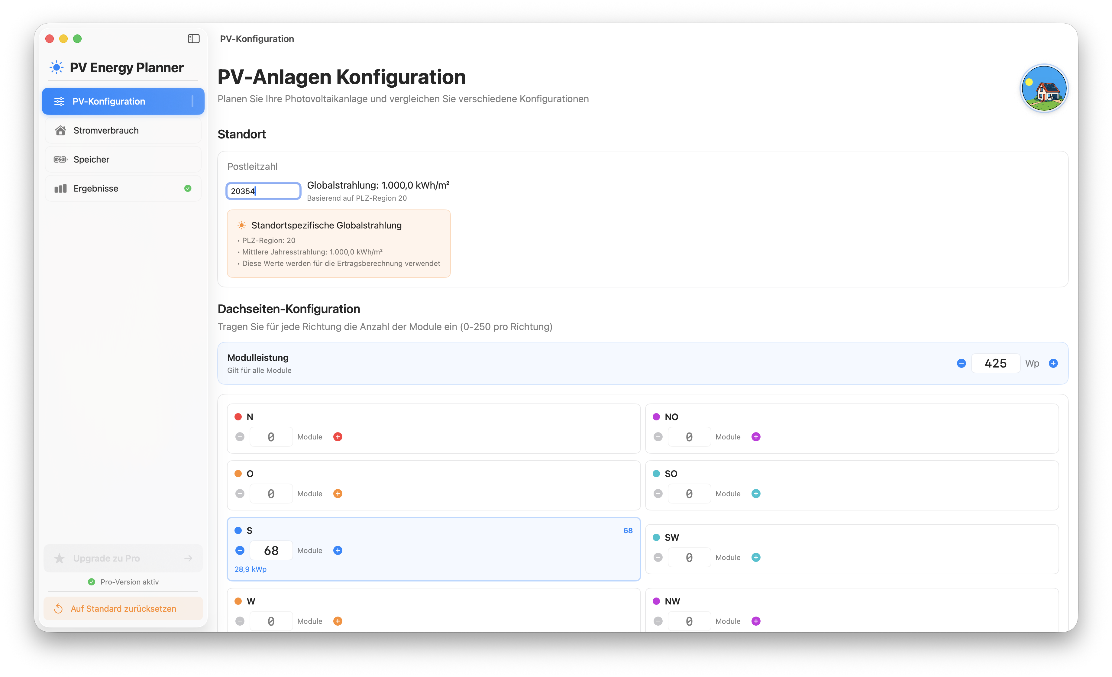 Photovoltaik Rechner: Detaillierte PV-Konfigurationsansicht mit Ertragsberechnung