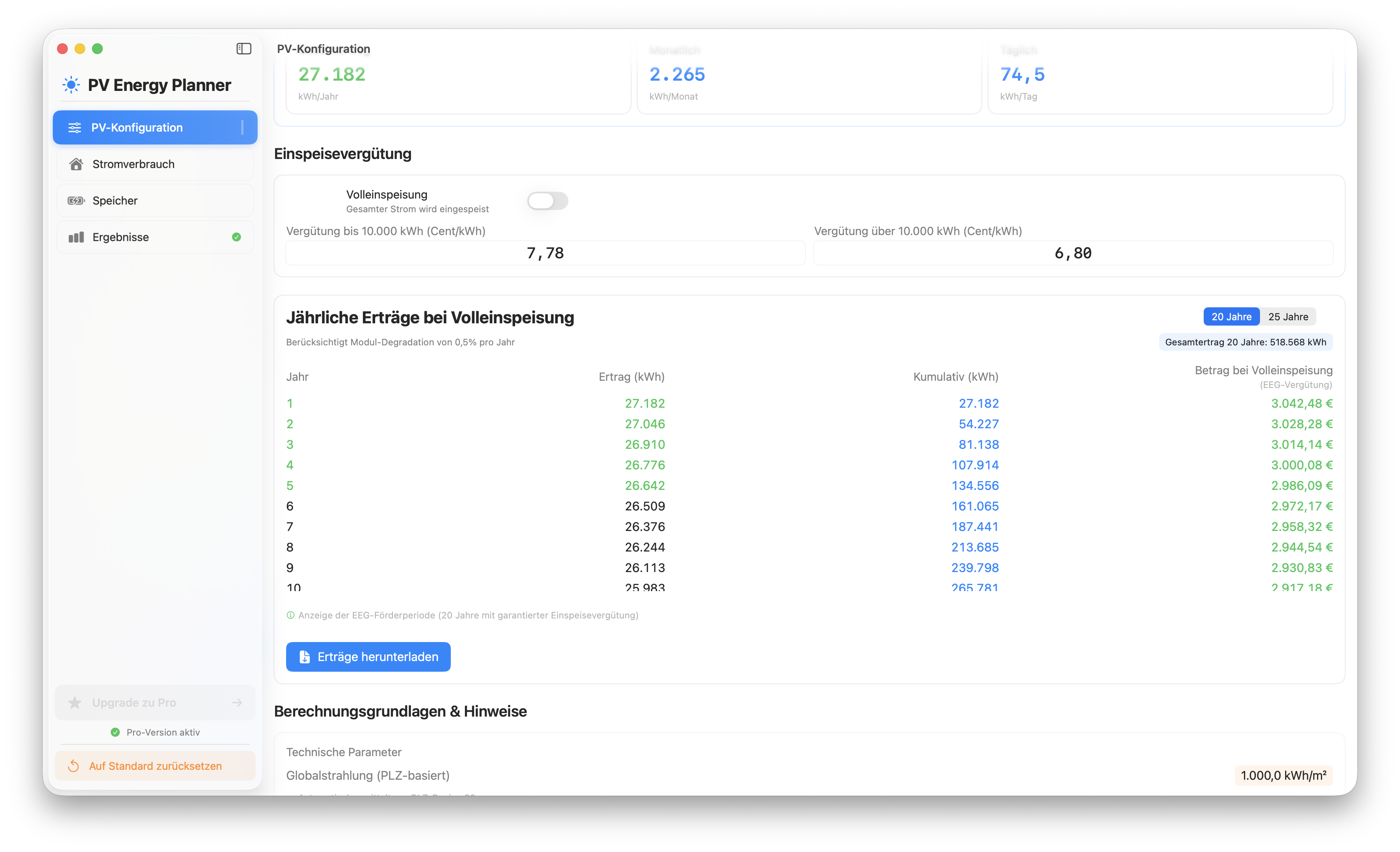 Solaranlage planen: Erweiterte PV-Konfiguration mit Globalstrahlung