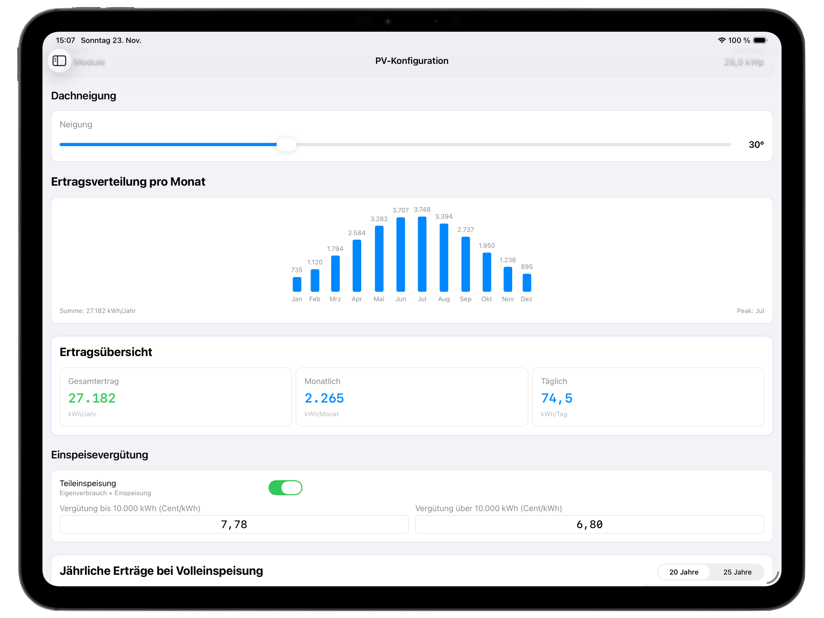 PV Energy Planner Pro auf iPad: PV-Konfiguration und Planungsansicht