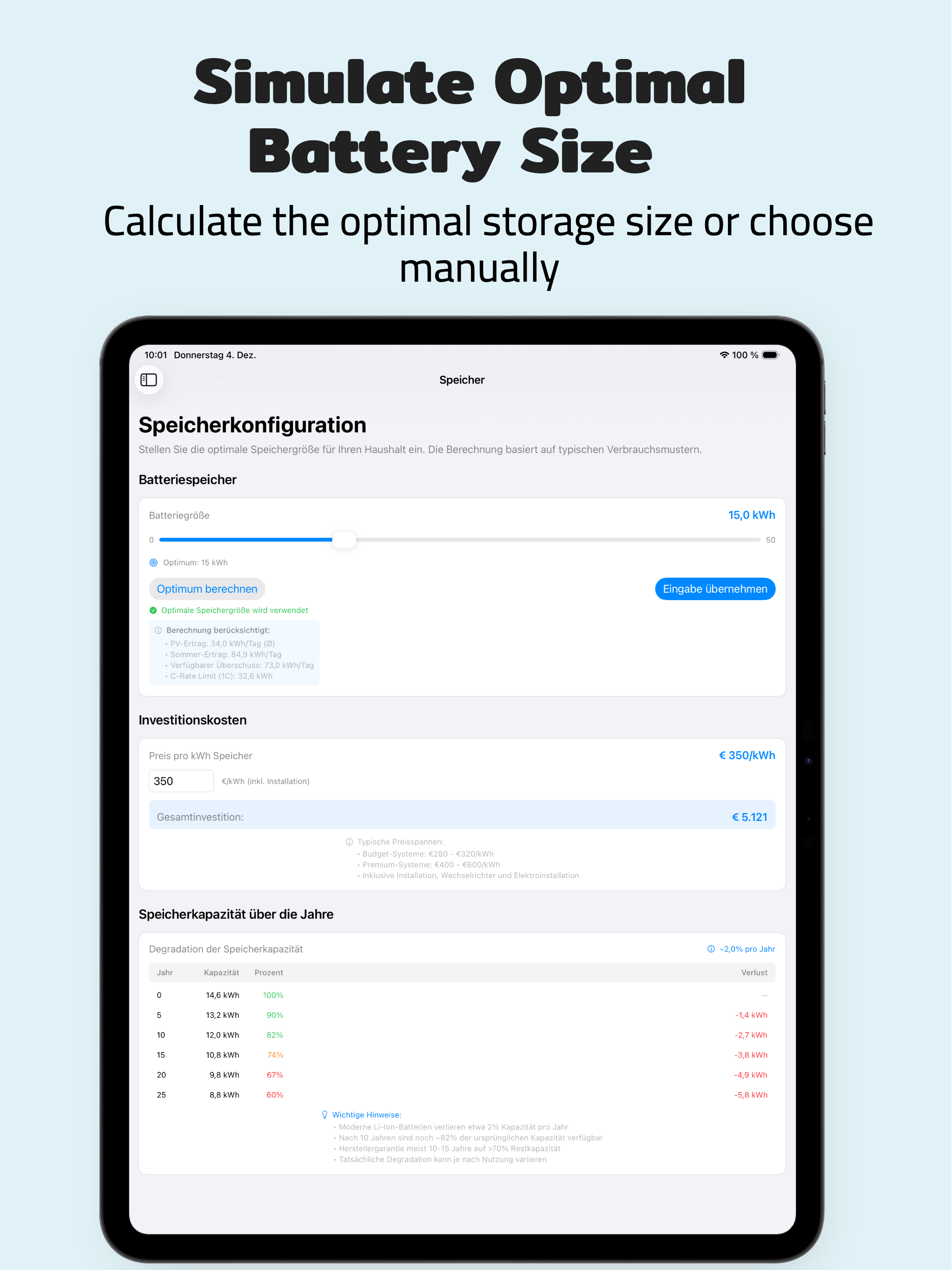 PV Energy Planner iPad: Energy Balance