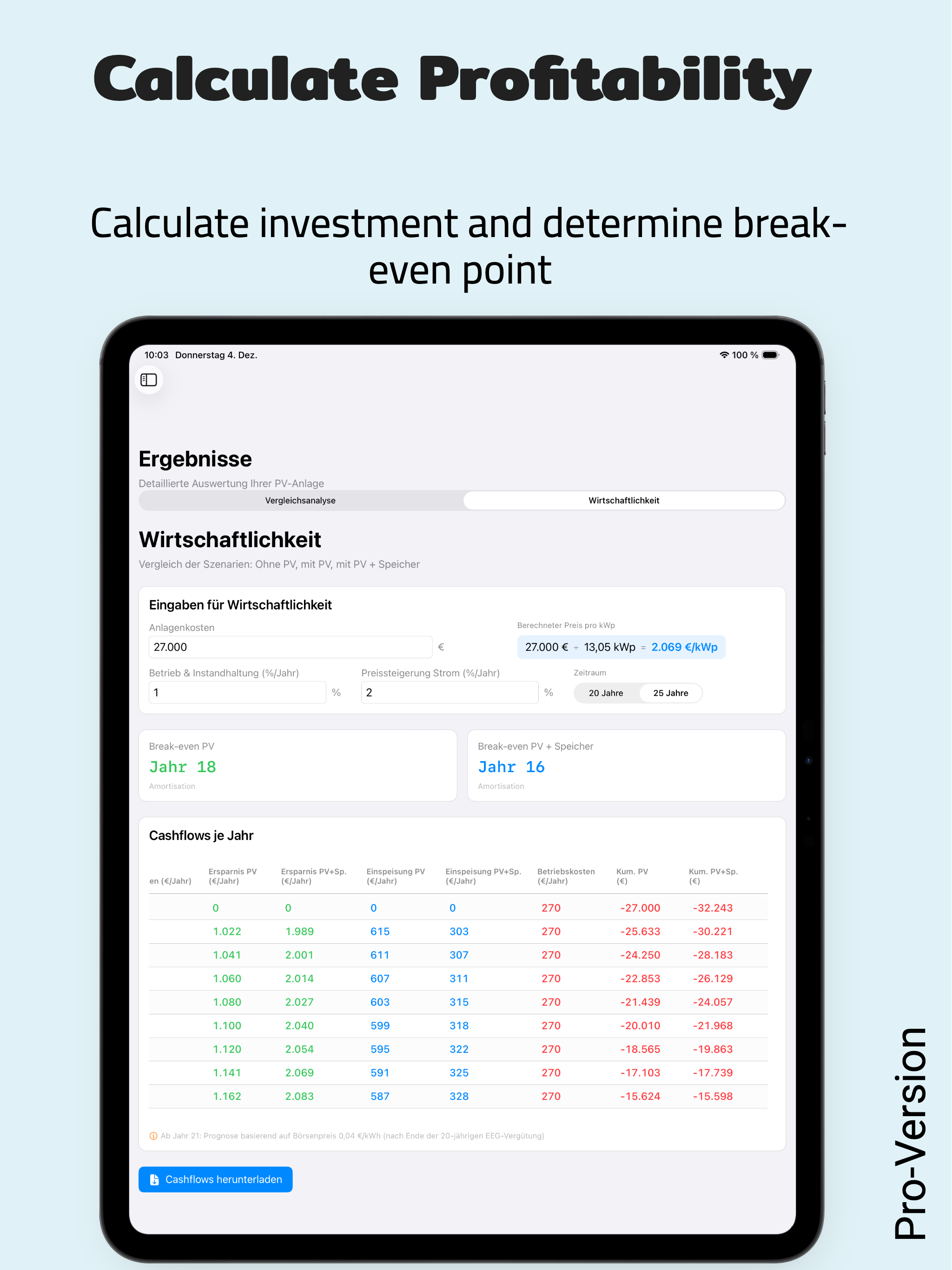 PV Energy Planner iPad: Profitability