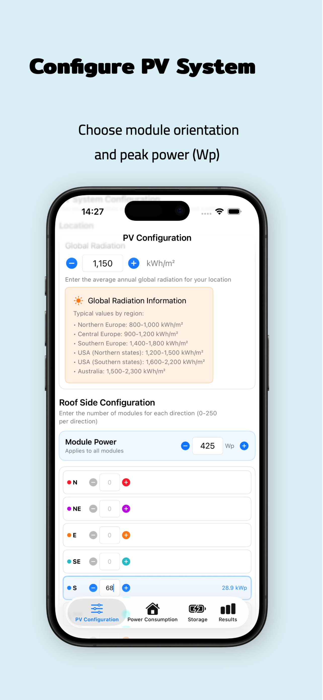 PV Energy Planner iPhone: PV Configuration View