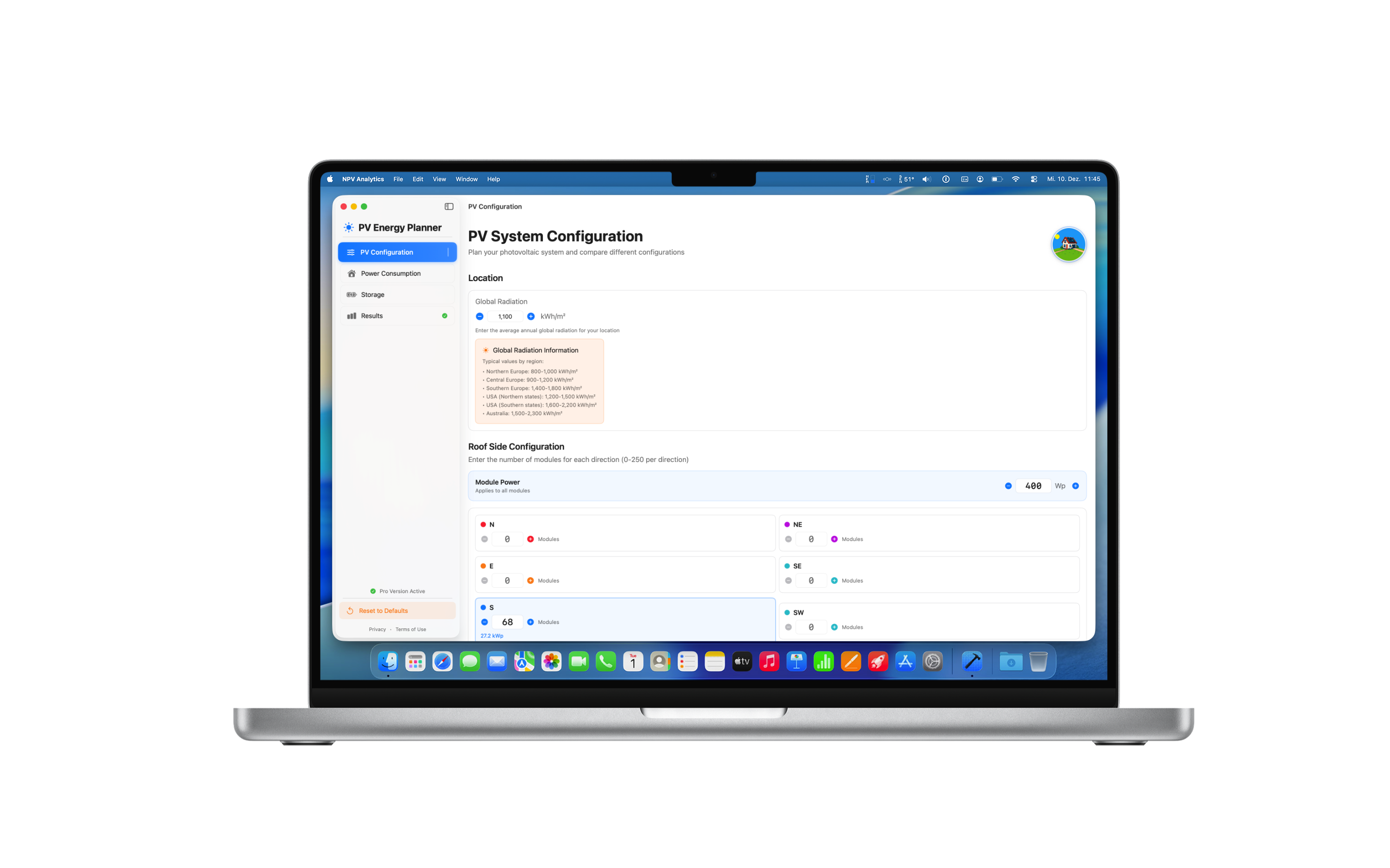 PV Energy Planner MacBook: Main Dashboard