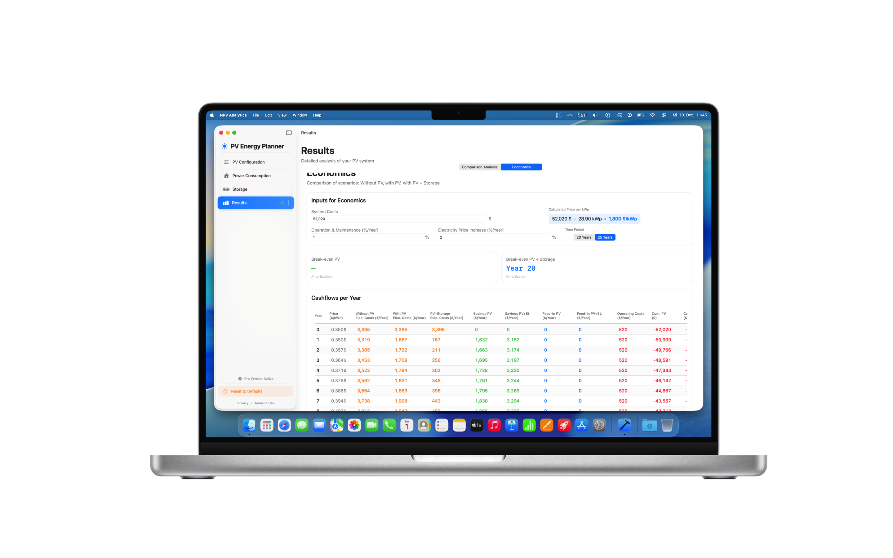 PV Energy Planner MacBook: Financial Overview